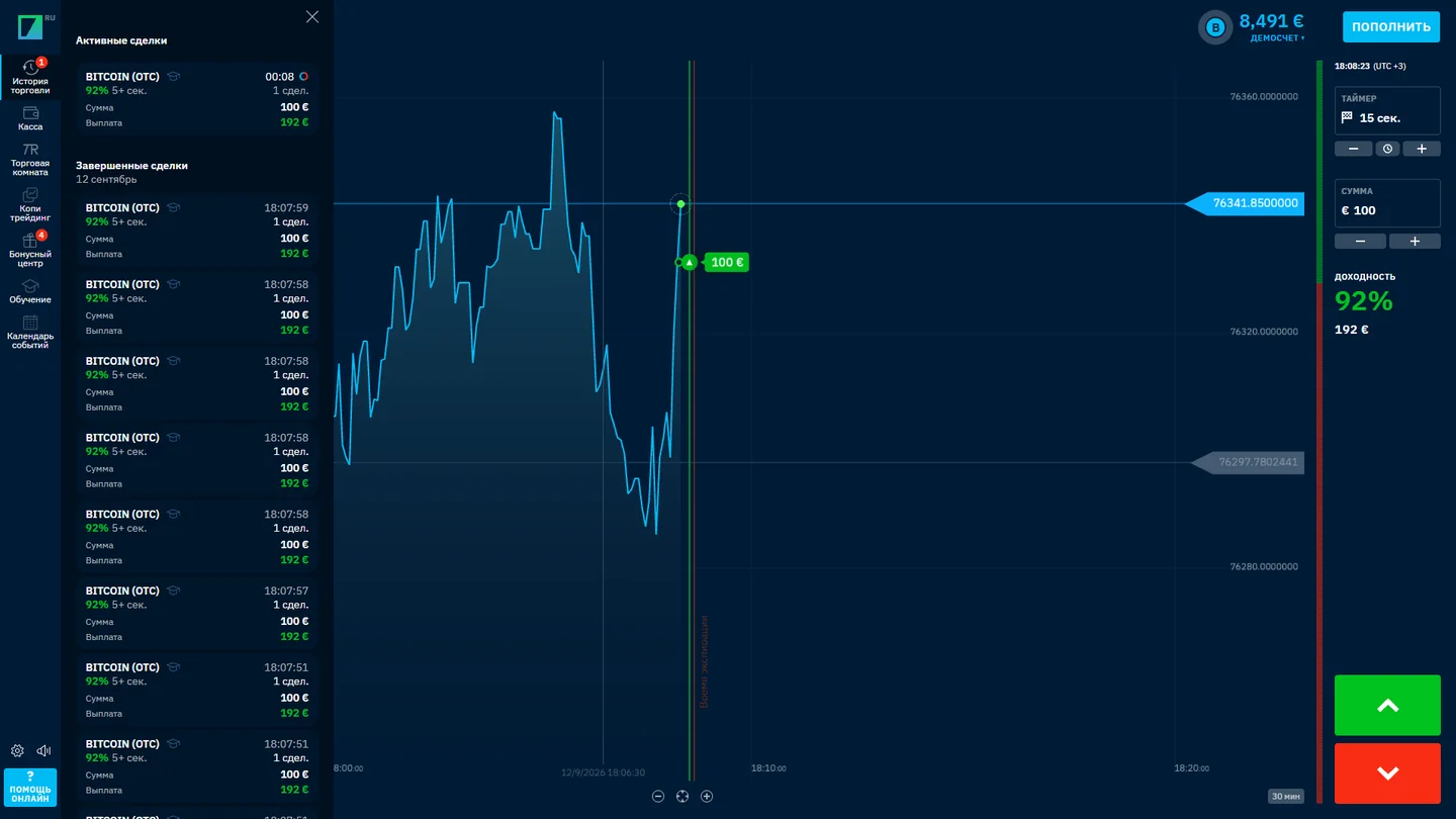 Archived Binarium demo terminal displaying virtual-balance and trading controls.