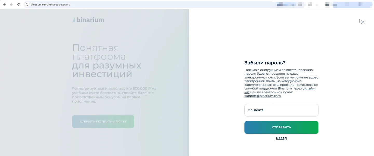 Archived Binarium password reset form requesting the account email.